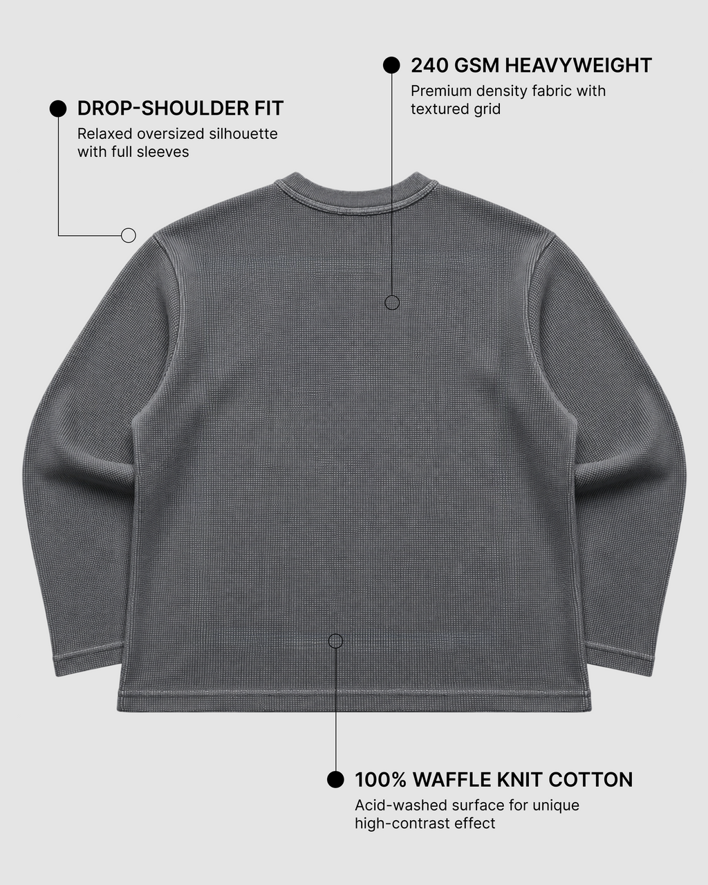 Acid Wash Waffle Knit Oversized Full-Sleeve T-Shirt | 240 GSM Waffle Knit Cotton Oversized Tee