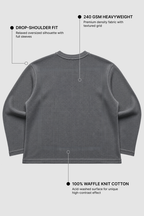 Acid Wash Waffle Knit Oversized Full-Sleeve T-Shirt