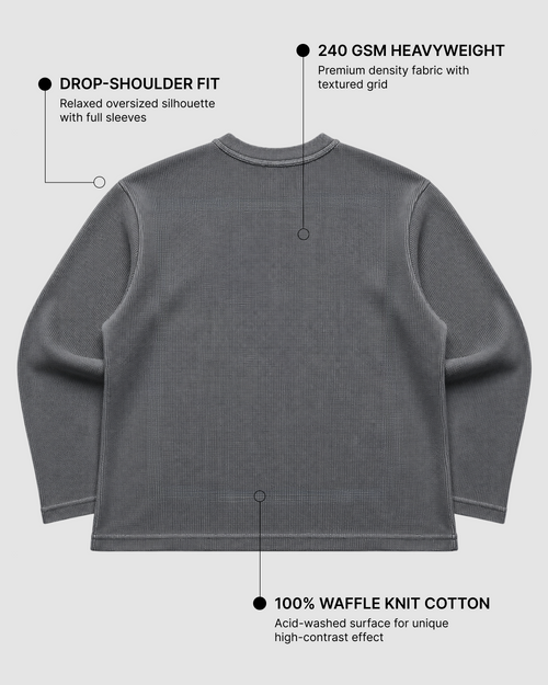 Acid Wash Waffle Knit Oversized Full Sleeve T-Shirt | 240 GSM Waffle Knit Cotton Oversized Tee