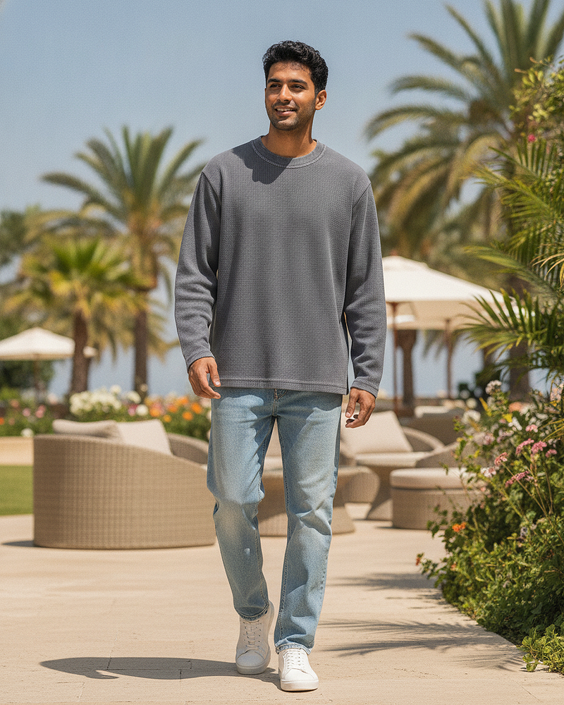 Acid Wash Waffle Knit Oversized Full Sleeve T-Shirt | 240 GSM Waffle Knit Cotton Oversized Tee