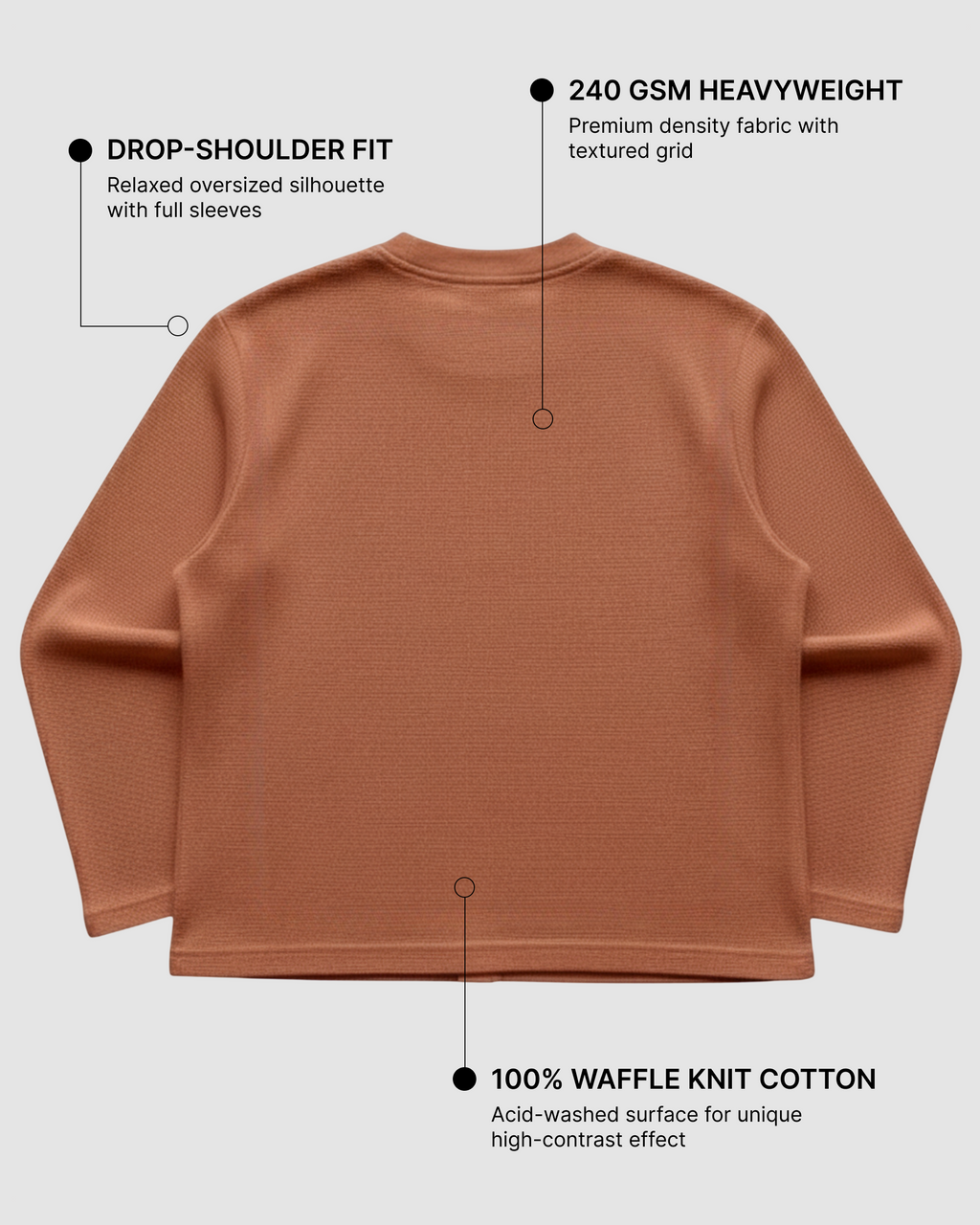 Anxiety Brown Waffle Knit Oversized Full-Sleeve T-Shirt | 240 GSM Cotton Graphic Tee