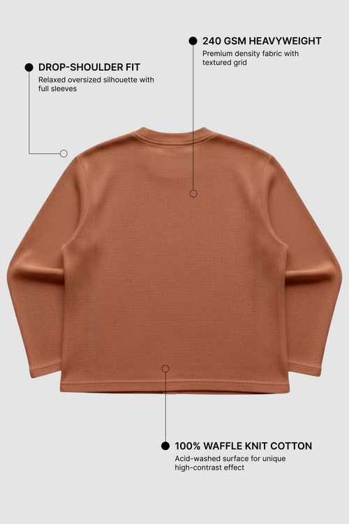 Anxiety Brown Waffle Knit Oversized Full Sleeve T-Shirt | 240 GSM Cotton Graphic Tee
