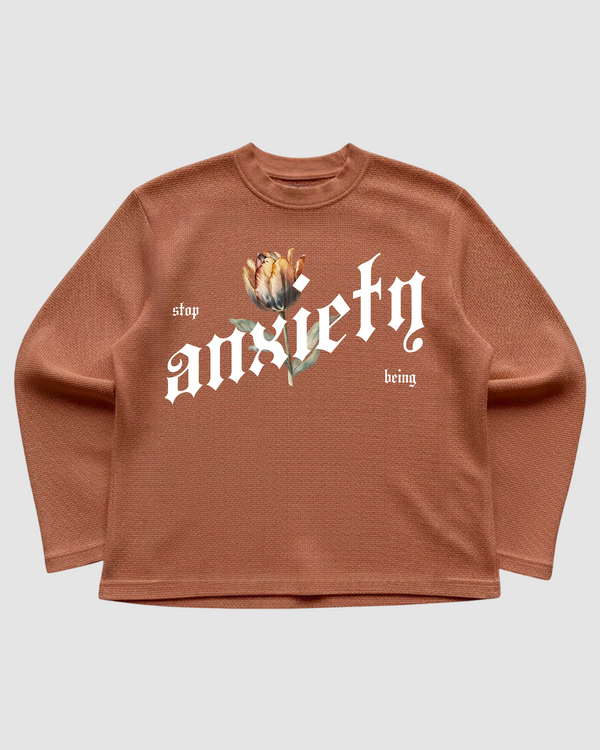 Anxiety Brown Waffle Knit Oversized Full Sleeve T-Shirt | 240 GSM Cotton Graphic Tee