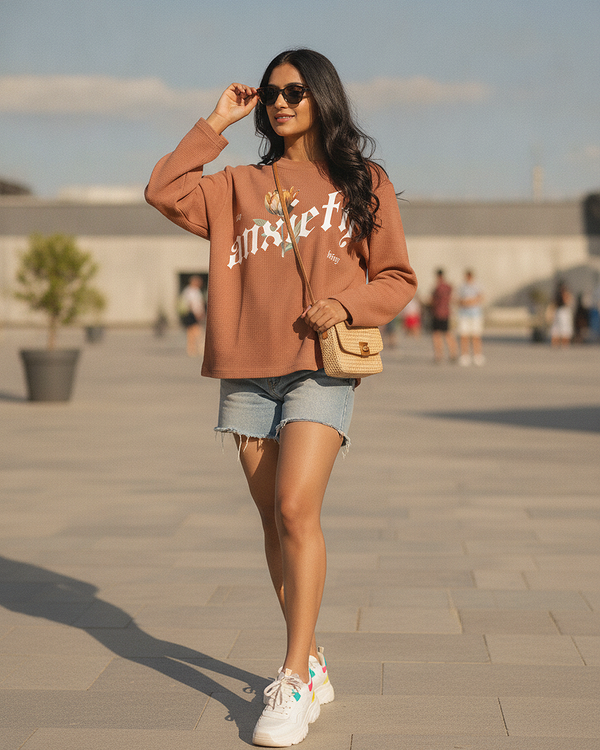 Anxiety Brown Waffle Knit Oversized Full Sleeve T-Shirt | 240 GSM Cotton Graphic Tee