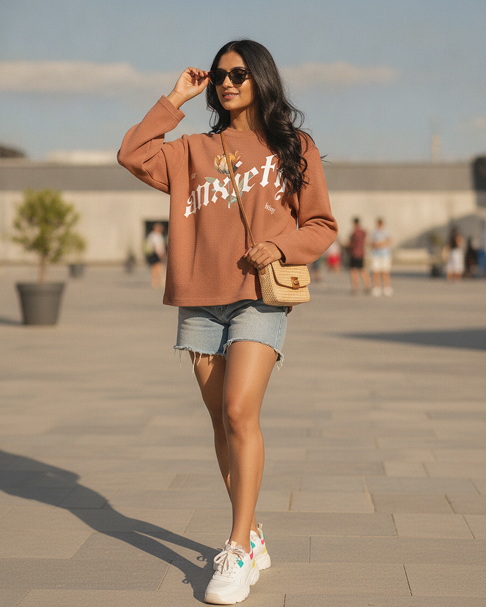 Anxiety Brown Waffle Knit Oversized Full Sleeve T-Shirt | 240 GSM Cotton Graphic Tee