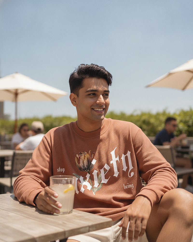 Anxiety Brown Waffle Knit Oversized Full Sleeve T-Shirt | 240 GSM Cotton Graphic Tee