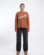 Anxiety Brown Waffle Knit Oversized Full-Sleeve T-Shirt | 240 GSM Cotton Graphic Tee