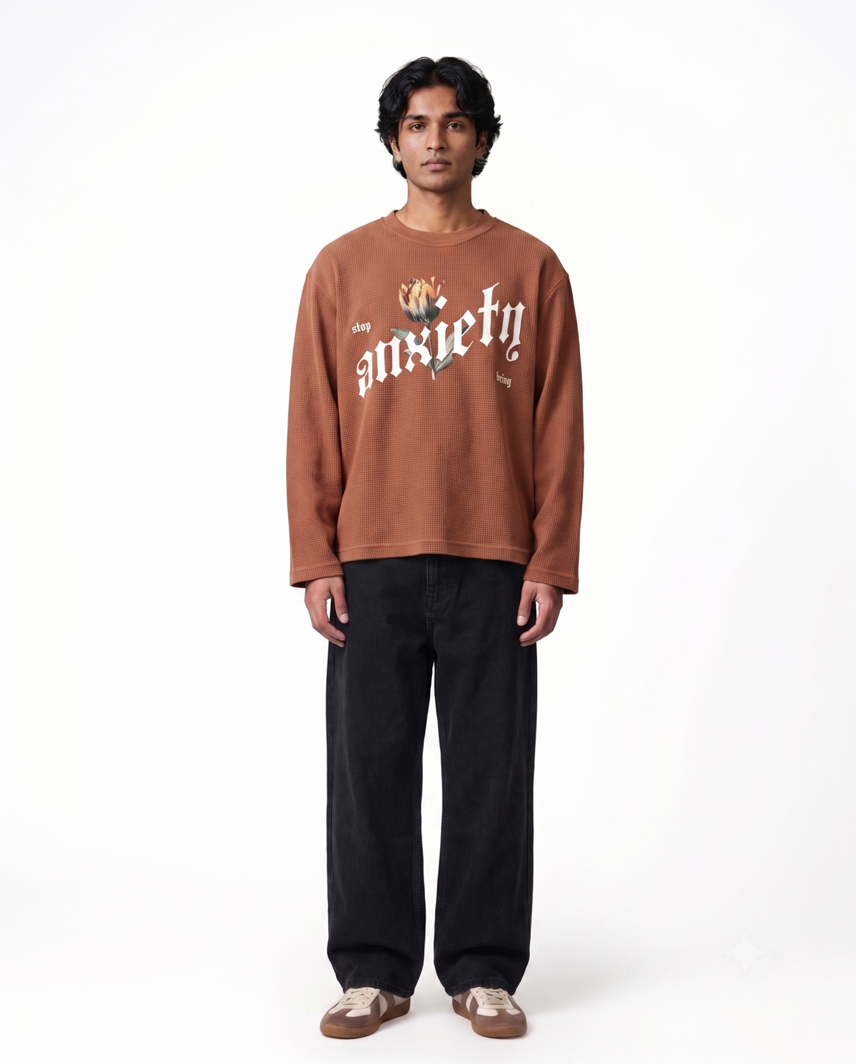 Anxiety Brown Waffle Knit Oversized Full-Sleeve T-Shirt | 240 GSM Cotton Graphic Tee