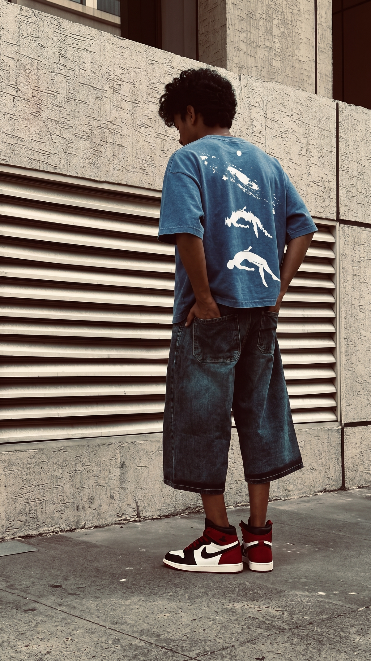 A person standing outdoors in front of a concrete wall with horizontal vents, wearing a Scrollfit blue graphic T-shirt with white shark prints, dark denim shorts, and red and white high-top sneakers.