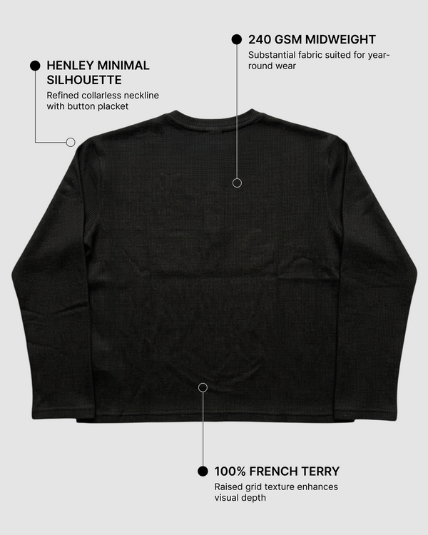 Black Henley Waffle Knit T-Shirt | 240 GSM Waffle Knit Cotton Henley Tee
