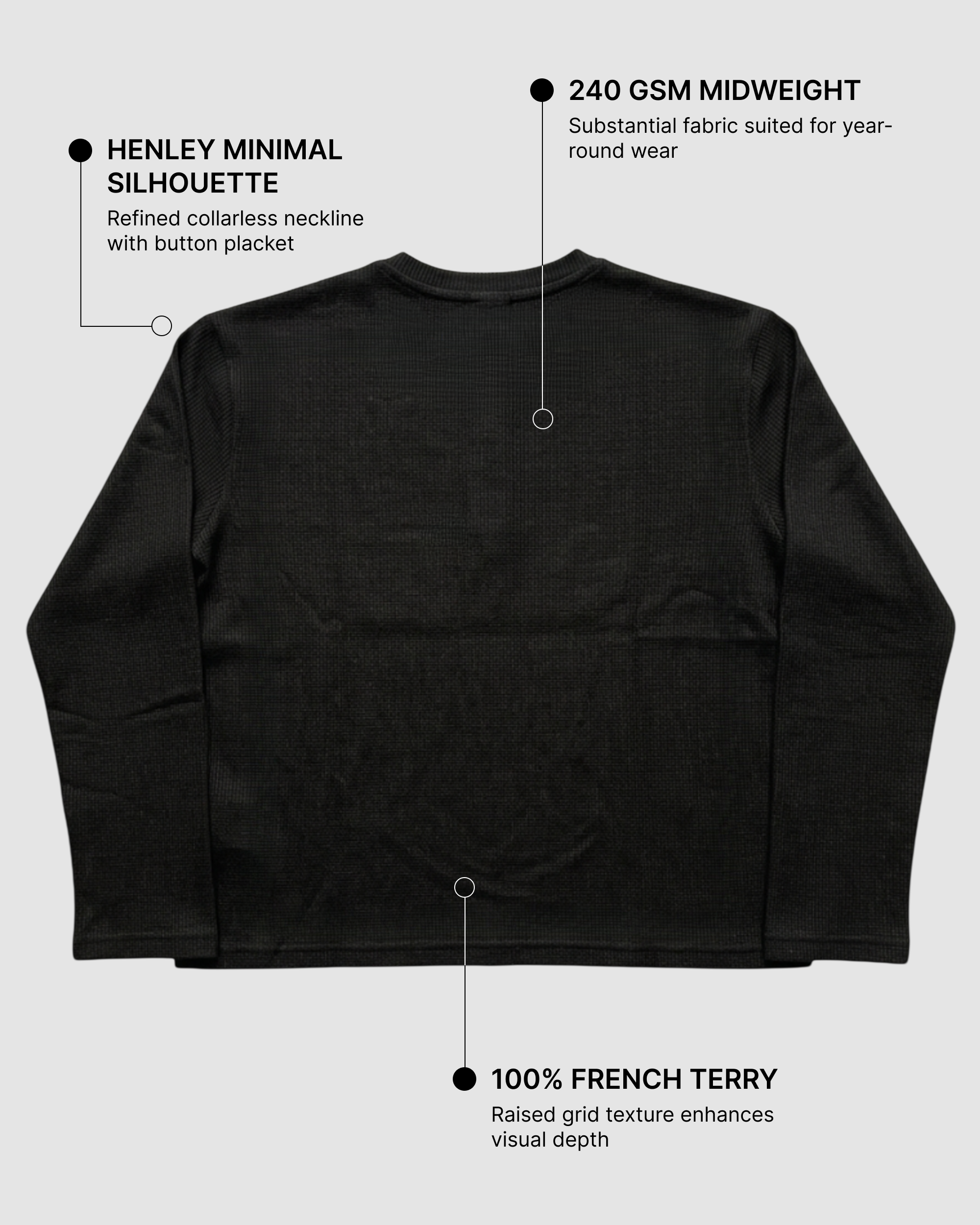 Black Henley Waffle Knit T-Shirt | 240 GSM Waffle Knit Cotton Henley Tee