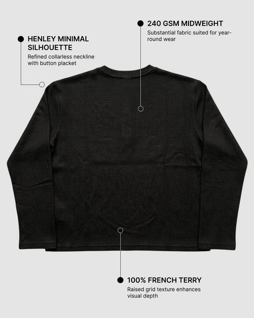 Black Henley Waffle Knit T-Shirt | 240 GSM Waffle Knit Cotton Henley Tee