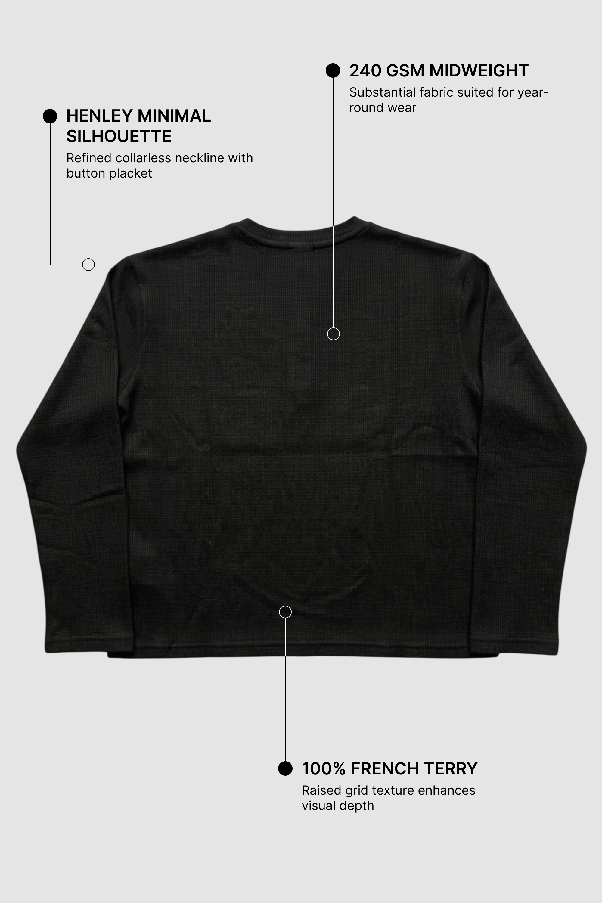 Black Henley Waffle Knit T-Shirt