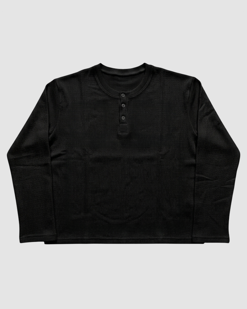 Black Henley Waffle Knit T-Shirt | 240 GSM Waffle Knit Cotton Henley Tee