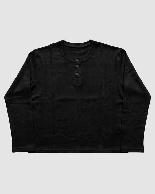 Black Henley Waffle Knit T-Shirt | 240 GSM Waffle Knit Cotton Henley Tee