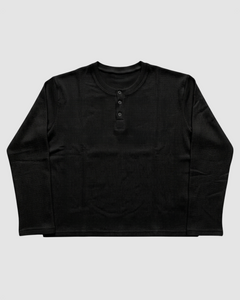Black Henley Waffle Knit T-Shirt | 240 GSM Waffle Knit Cotton Henley Tee