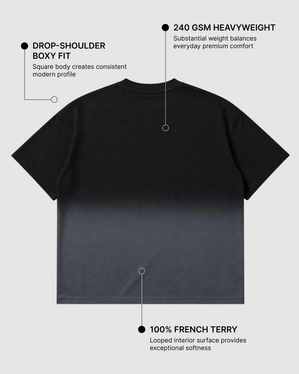Black Ombre Wash Boxy Fit T-Shirt | 240 GSM French Terry Boxy Tee