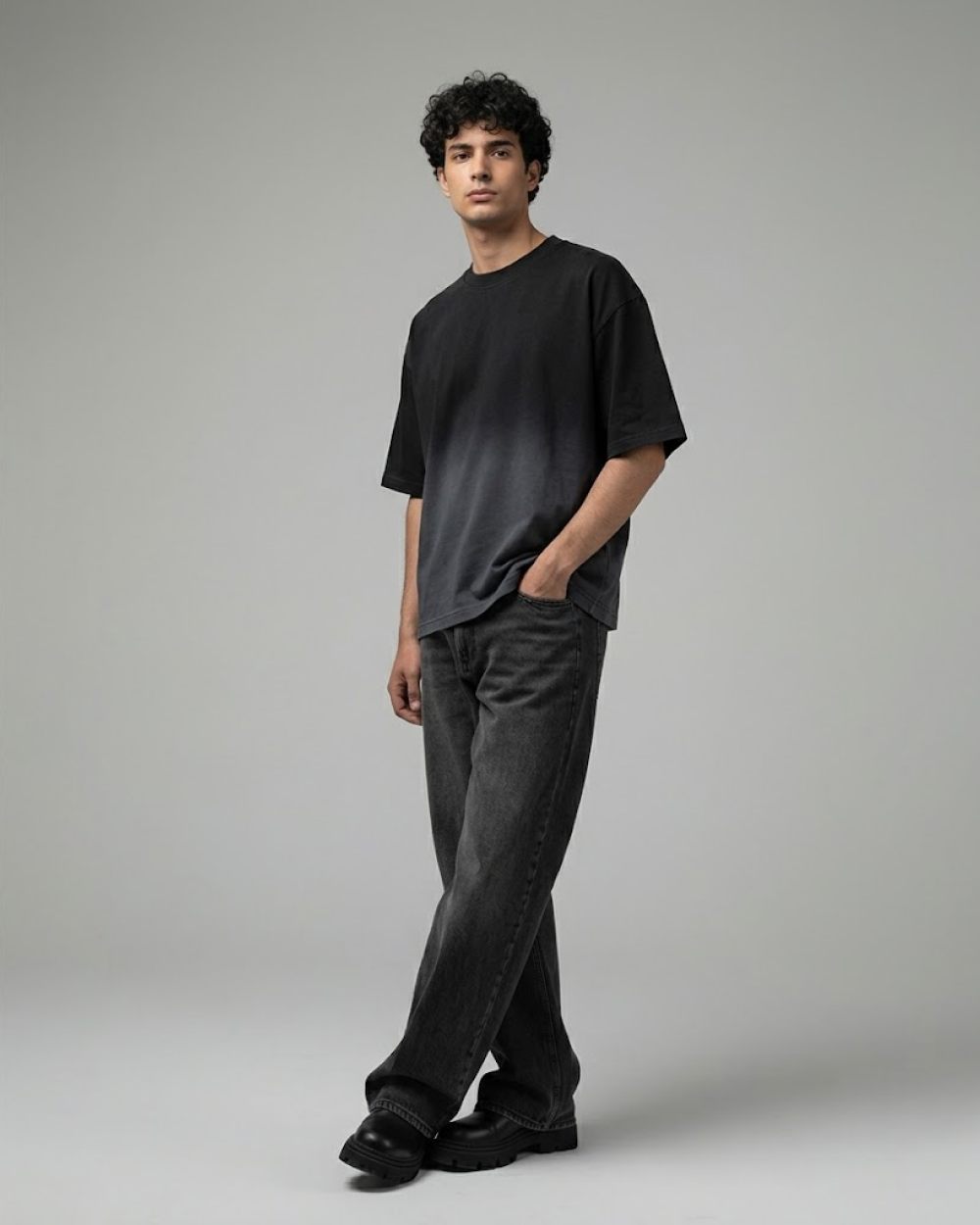 Black Ombre Wash Boxy Fit T-Shirt | 240 GSM French Terry Boxy Tee