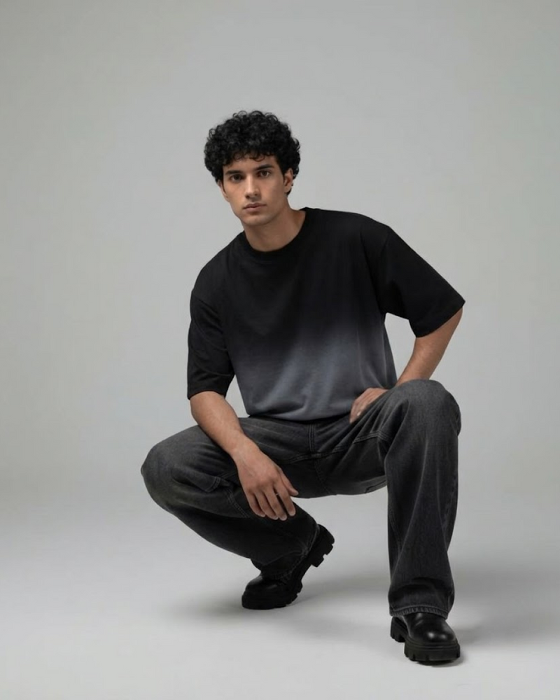 Black Ombre Wash Boxy Fit T-Shirt | 240 GSM French Terry Boxy Tee