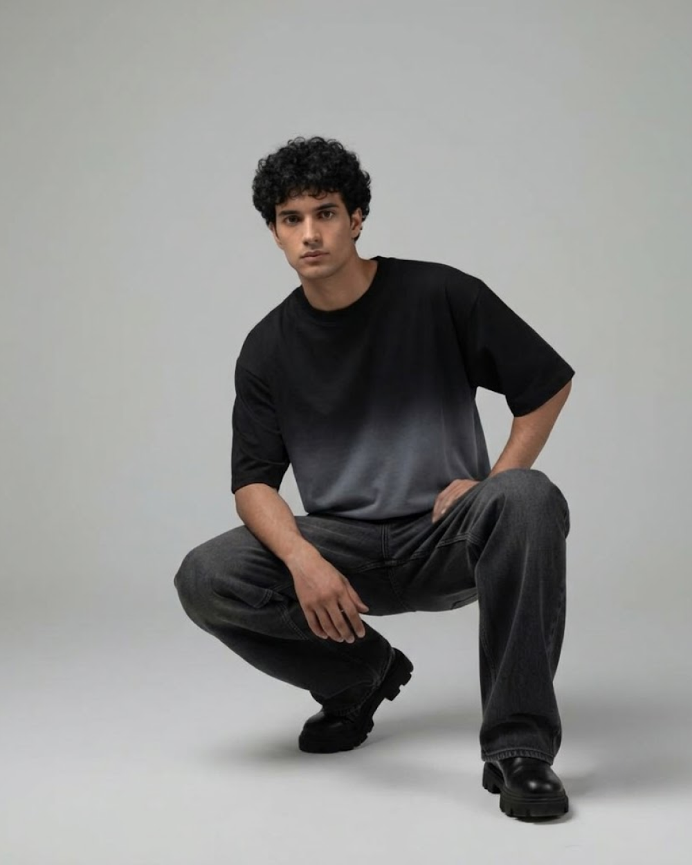 Black Ombre Wash Boxy Fit T-Shirt | 240 GSM French Terry Boxy Tee