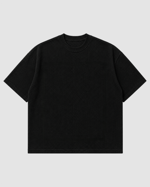 Black Waffle Boxy Fit T-Shirt | 240 GSM Waffle Knit Cotton Boxy Tee