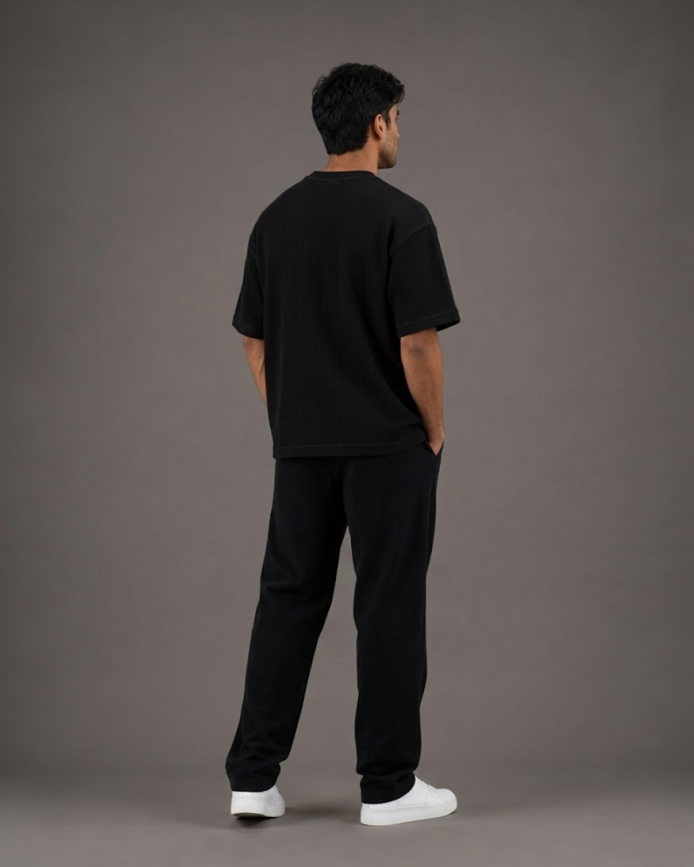 Black Waffle Boxy Fit T-Shirt | 240 GSM Waffle Knit Cotton Boxy Tee