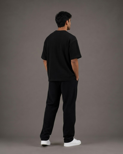 Black Waffle Boxy Fit T-Shirt | 240 GSM Waffle Knit Cotton Boxy Tee