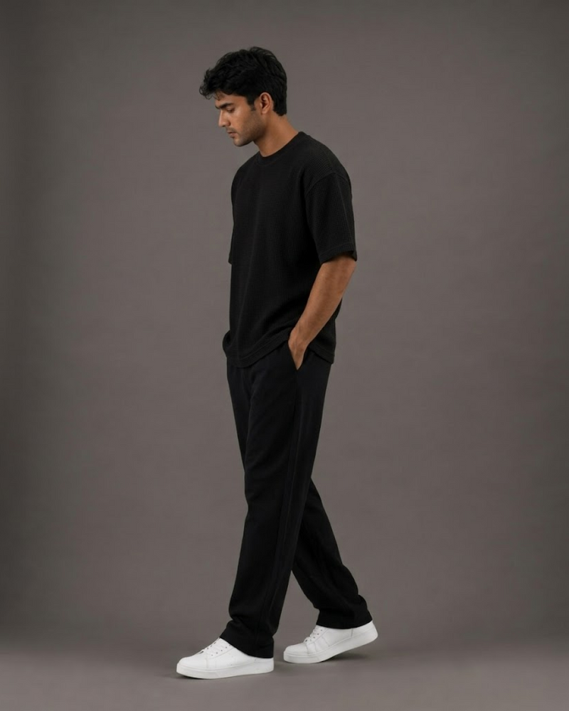 Black Waffle Boxy Fit T-Shirt | 240 GSM Waffle Knit Cotton Boxy Tee
