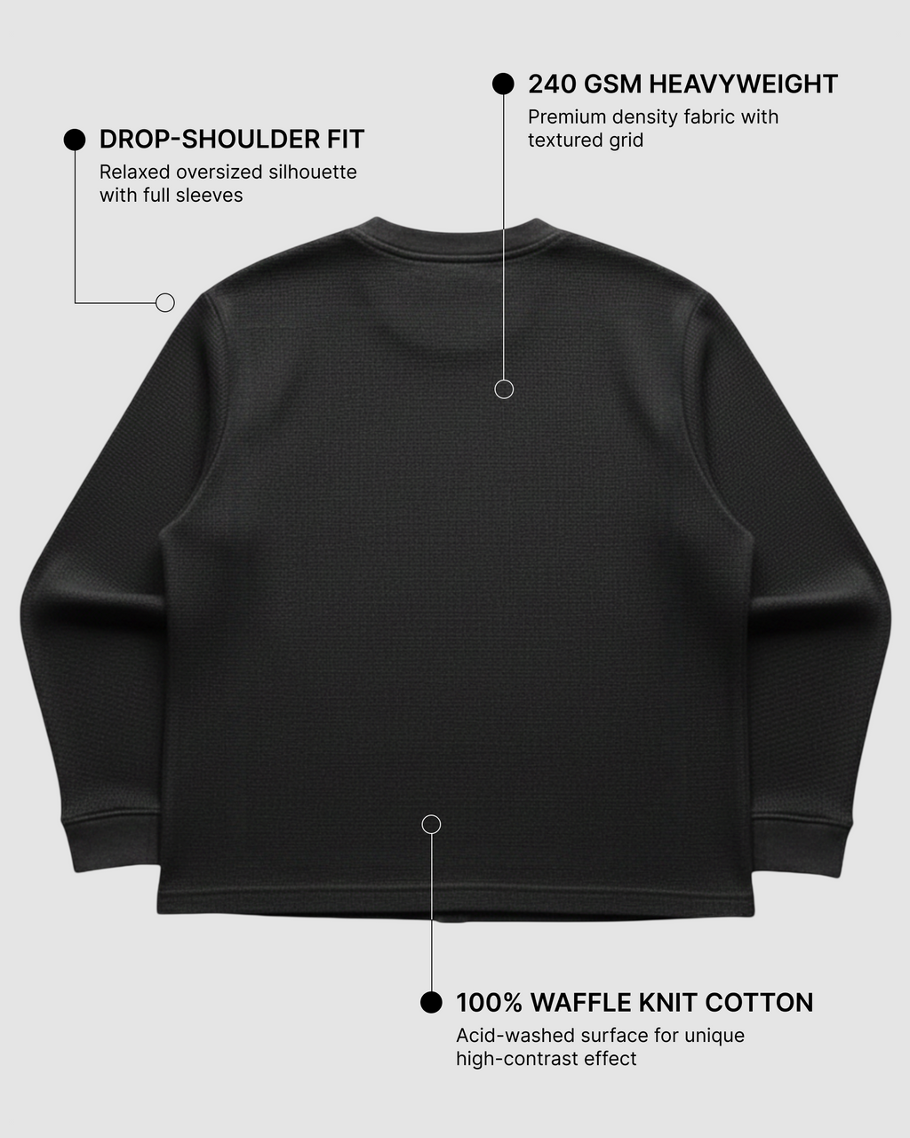 Black Waffle Knit Oversized Full-Sleeve T-Shirt | 240 GSM Cotton Waffle Knit Tee