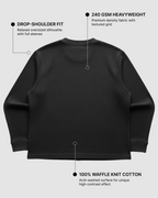 Black Waffle Knit Oversized Full-Sleeve T-Shirt | 240 GSM Cotton Waffle Knit Tee