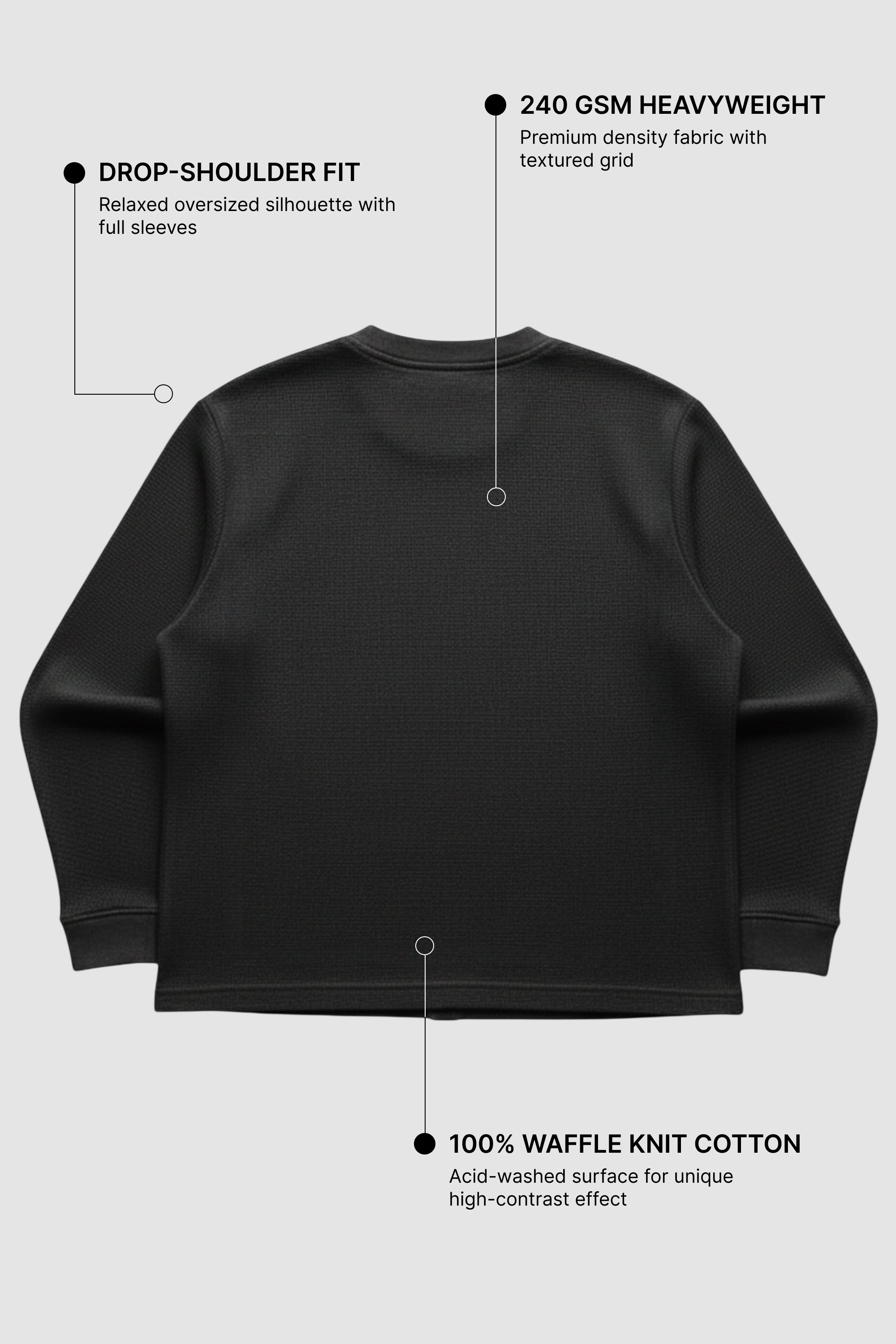 Black Waffle Knit Oversized Full-Sleeve T-Shirt