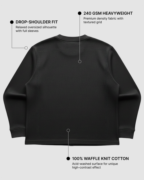 Black Waffle Knit Oversized Full-Sleeve T-Shirt | 240 GSM Cotton Waffle Knit Tee