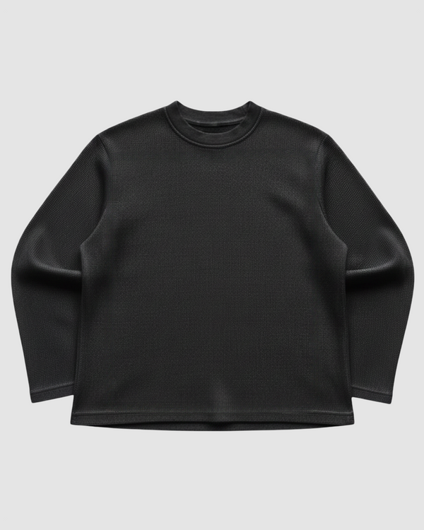 Black Waffle Knit Oversized Full-Sleeve T-Shirt | 240 GSM Cotton Waffle Knit Tee