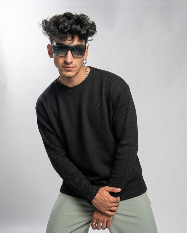 Black Waffle Knit Oversized Full-Sleeve T-Shirt | 240 GSM Cotton Waffle Knit Tee