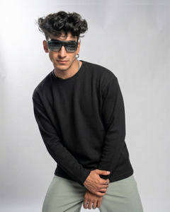 Black Waffle Knit Oversized Full-Sleeve T-Shirt | 240 GSM Cotton Waffle Knit Tee