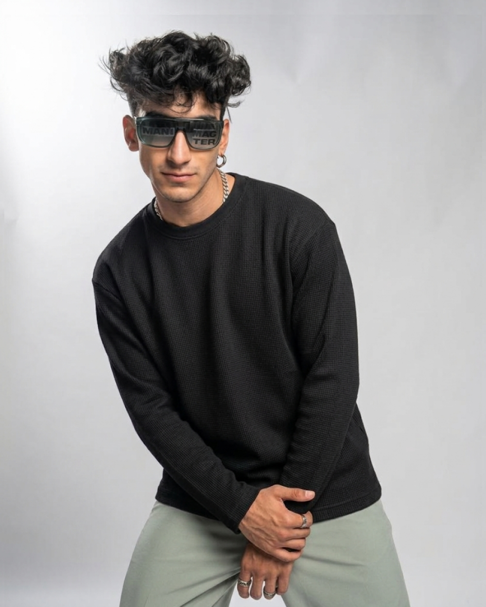 Black Waffle Knit Oversized Full-Sleeve T-Shirt | 240 GSM Cotton Waffle Knit Tee