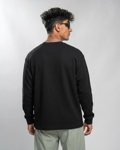 Black Waffle Knit Oversized Full-Sleeve T-Shirt | 240 GSM Cotton Waffle Knit Tee