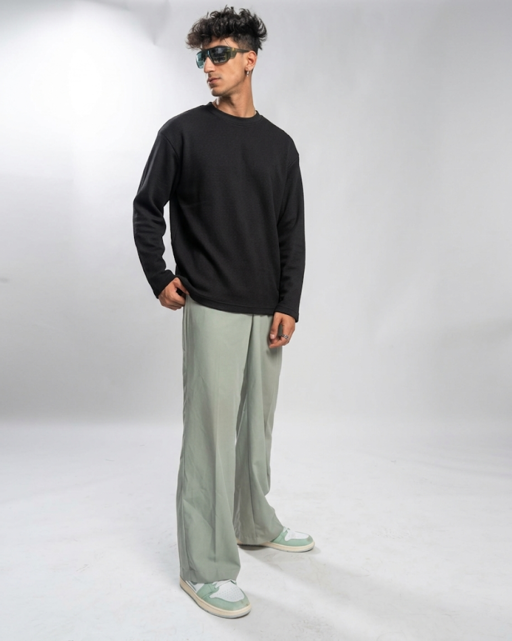 Black Waffle Knit Oversized Full-Sleeve T-Shirt | 240 GSM Cotton Waffle Knit Tee