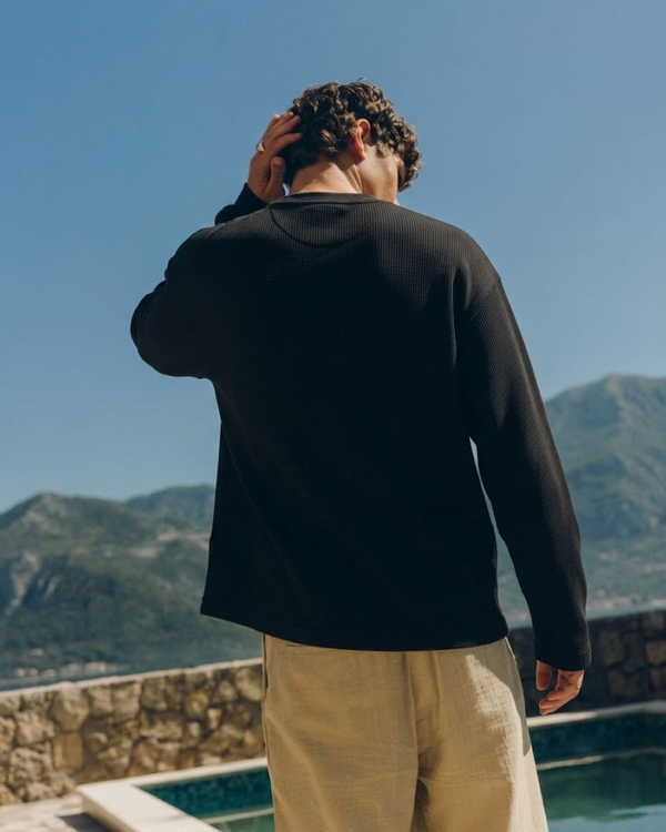 Black Waffle Knit Oversized Full-Sleeve T-Shirt | 240 GSM Cotton Waffle Knit Tee
