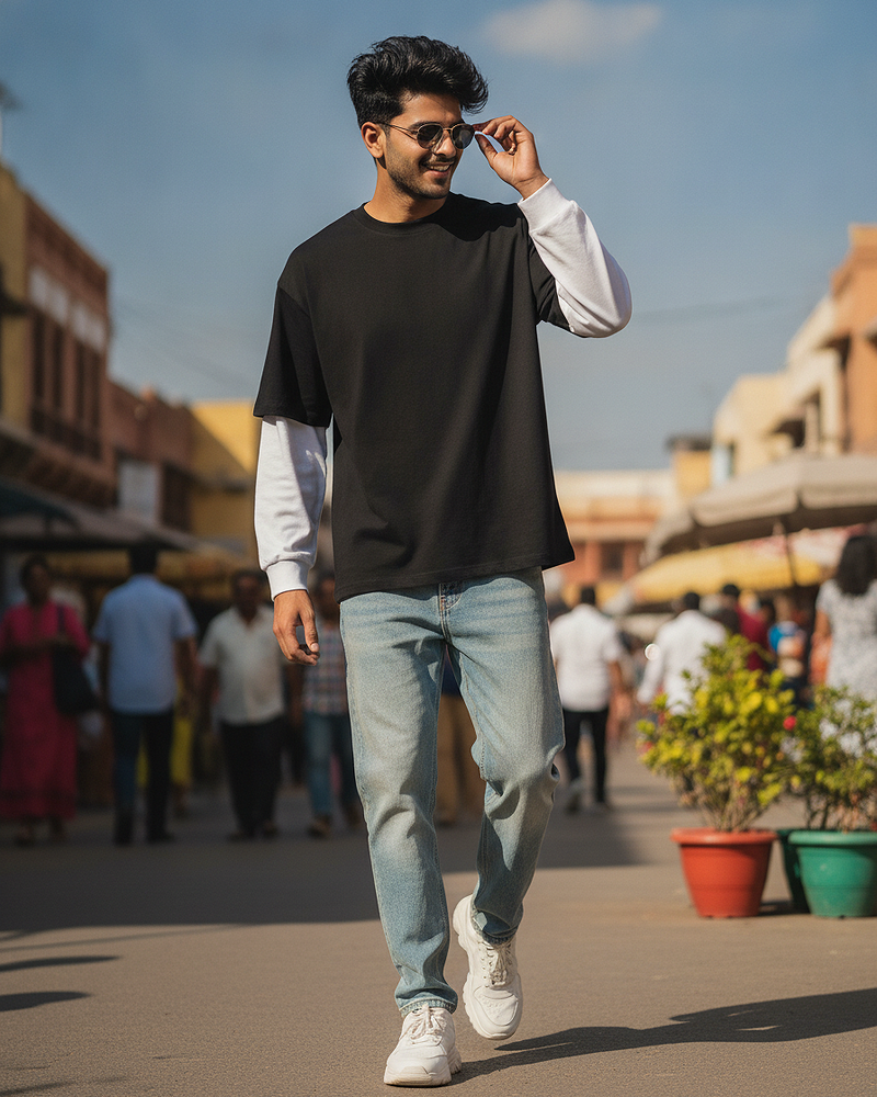 Black With White Sleeve Oversized T-Shirt | 240 GSM French Terry Cotton Oversized Tee
