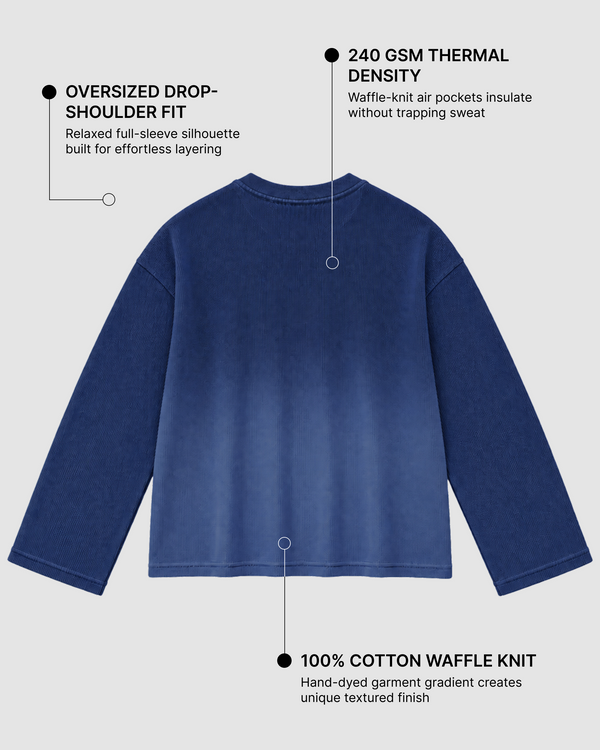 Blue Ombré Waffle Knit Oversized Full-Sleeve T-Shirt | 240 GSM Cotton Waffle Knit Tee