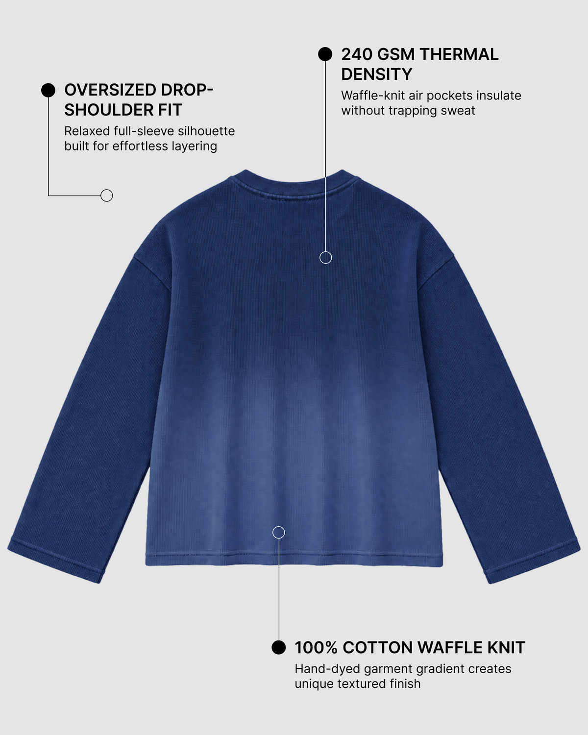 Blue Ombré Waffle Knit Oversized Full-Sleeve T-Shirt | 240 GSM Cotton Waffle Knit Tee