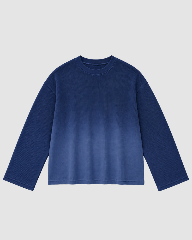 Blue Ombré Waffle Knit Oversized Full-Sleeve T-Shirt | 240 GSM Cotton Waffle Knit Tee