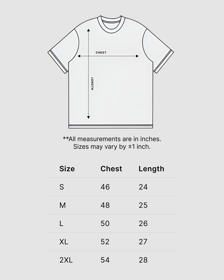 Without Doubt Graphic Boxy Fit T-Shirt | 240 GSM French Terry Black Ombré Wash Graphic Tee Size Chart