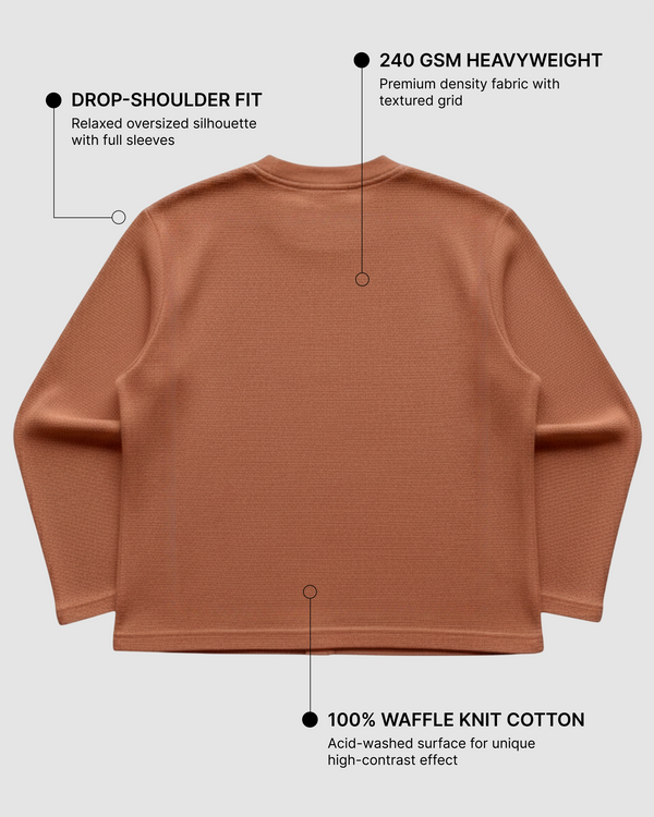 Brown Waffle Knit Oversized Full-Sleeve T-Shirt | 240 GSM Cotton Waffle Knit Tee