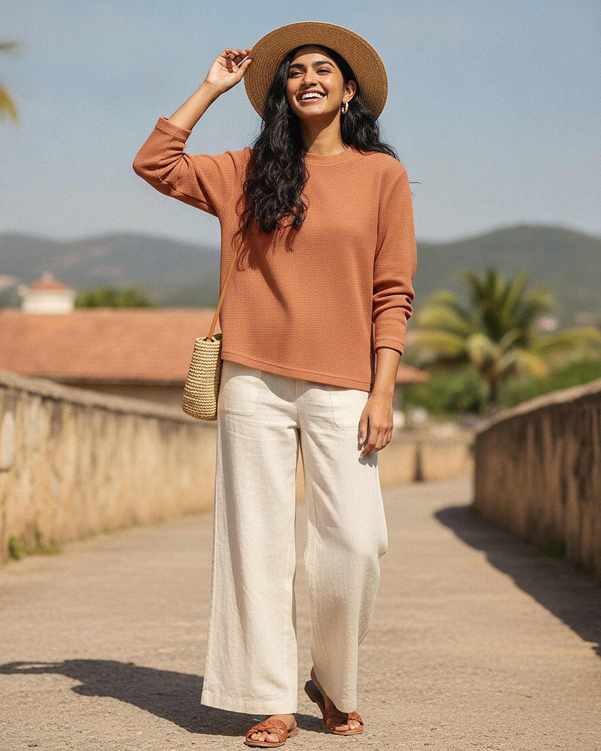 Brown Waffle Knit Oversized Full-Sleeve T-Shirt | 240 GSM Cotton Waffle Knit Tee