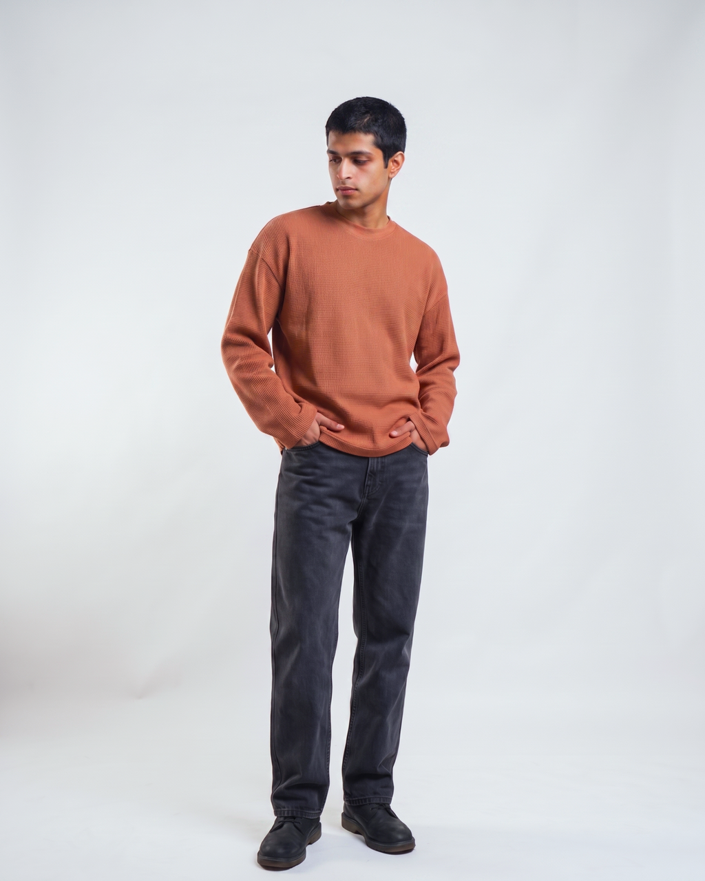 Brown Waffle Knit Oversized Full-Sleeve T-Shirt | 240 GSM Cotton Waffle Knit Tee