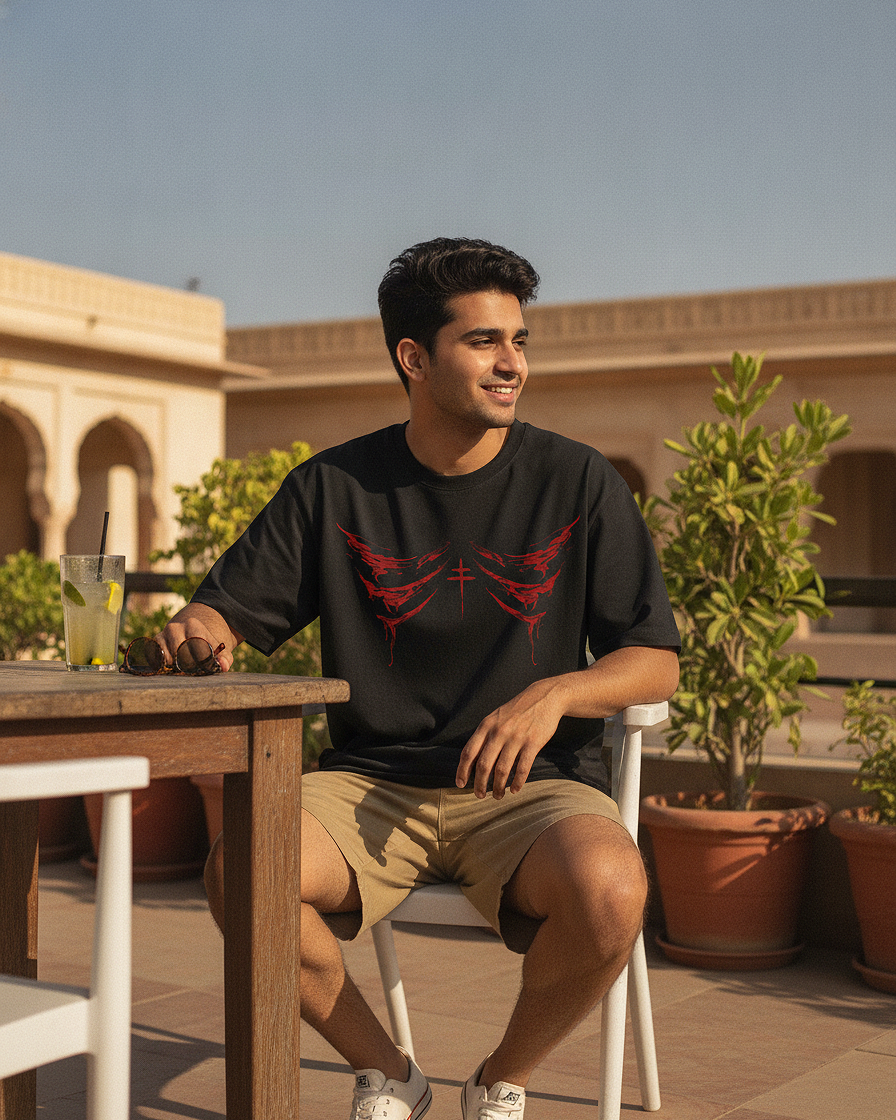 Crimson Drip Black Oversized T-Shirt | 240 GSM French Terry Cotton Graphic Tee