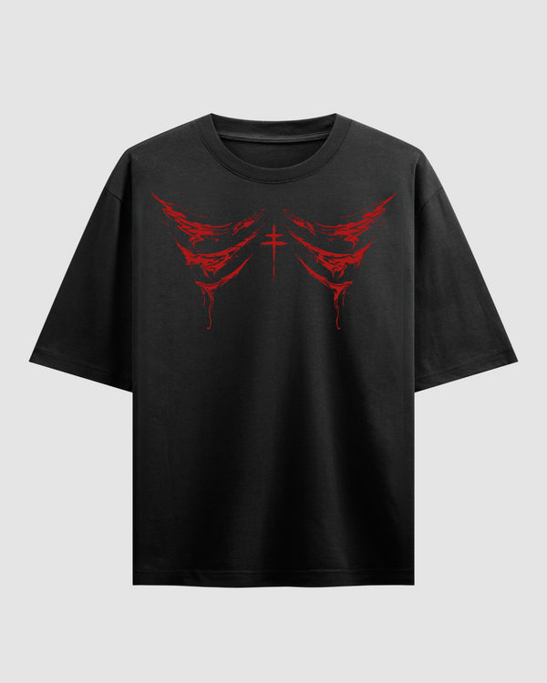 Crimson Drip Black Oversized T-Shirt | 240 GSM French Terry Cotton Graphic Tee