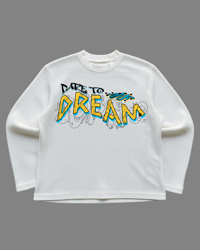 Dare to Dream Off-White Waffle Knit Oversized Full-Sleeve T-Shirt | 240 GSM Cotton Graphic Tee